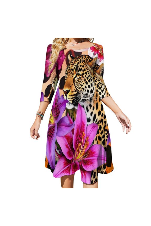 Leopard Lilies Vibrant Jungle Print Women's Fall Dresses Casual Loose Flowy Swing Shift Dress