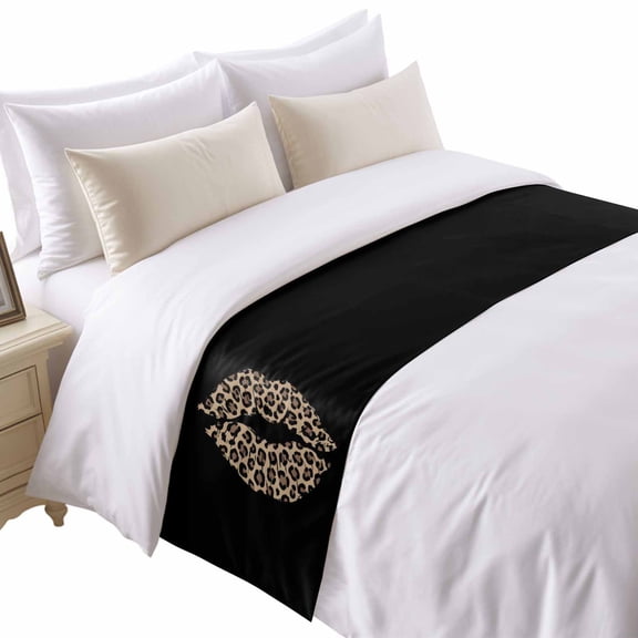 Leopard Lip Bed Runner for Twin Size Bed, Sexy Lip Vintage Black Background Soft Bedding Scarf Bedding Protector Slipcover Sofa Throw for Bedroom Hotel Guesthouse