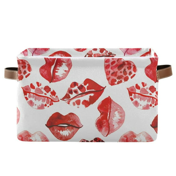 Leopard Lip Heart Storage Bins with Handle Fabric Organizer Basket Foldable Box 1 Pack 14.2x10.2x8.3