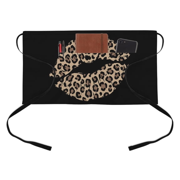 Leopard Lip Kitchen Restaurant Half Waist Apron, Sexy Lip Vintage Black Background Server Short Apron with 3 Pockets Waterproof Oil Waist Aprons for Women Waitress Waiter
