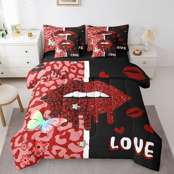 Leopard Lip Print Bedding Set 7 Piece Red Black Love Full Comforter Set For Women,Hip Hop Floral Butterfly Bed In A Bag Valentine'S Day Gifts Sheet Set With Comforter