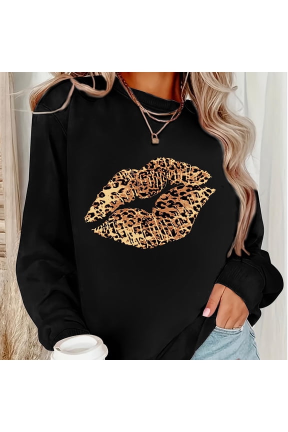 Leopard Lip Print Sweatshirt, Crew Neck Casual Sweatshirt For Winter & Fall, Women's Clothing