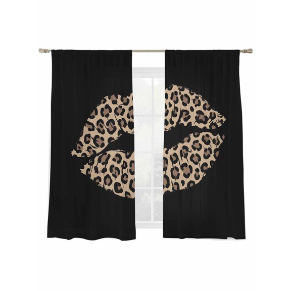 Leopard Lip Sheer Curtains 2 Panels Set Sexy Lip Vintage Black Background Sheer Window Curtains Light Filtering Rod Pocket Voile Drapes for Bedroom Living Room 52"x63"