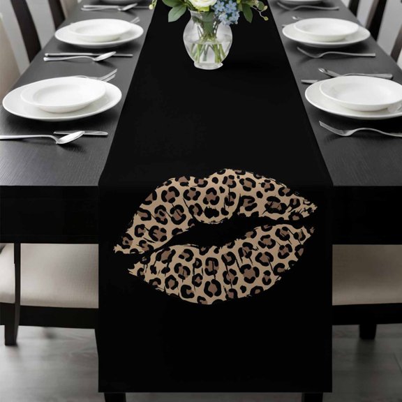 Leopard Lip Table Runner, Sexy Lip Vintage Black Background Washable Cotton-linen Table Runners Dining Kitchen Decoration for Everyday Home Wedding Party Decor, 13 x 90 Inch