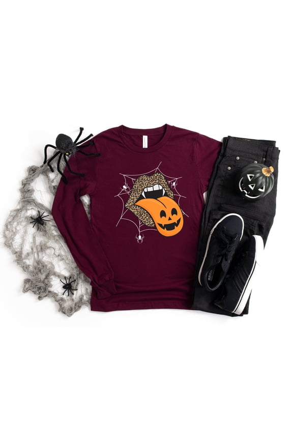 Leopard Lips Halloween Shirt Tongue Out Cheetah Lips With Pumpkin Tongue Women Halloween S