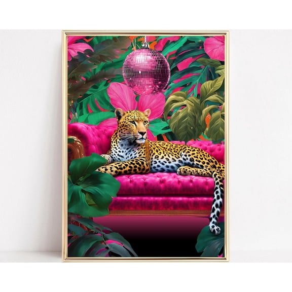 Leopard Lounging On A Sofa Art Print Leopard Wall Art Luxury Leopard Sofa Art Maximalist Wall Decor Leopard Portrait Painting Dopamine Decor 24x36 UNFRAMED