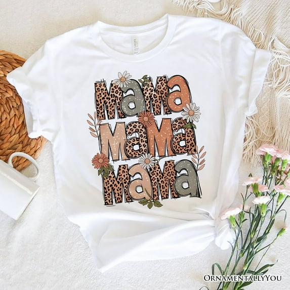 Leopard Mama Floral Retro T-Shirt, White and Natural Trendy Women's Tee with Wildflower Accents
