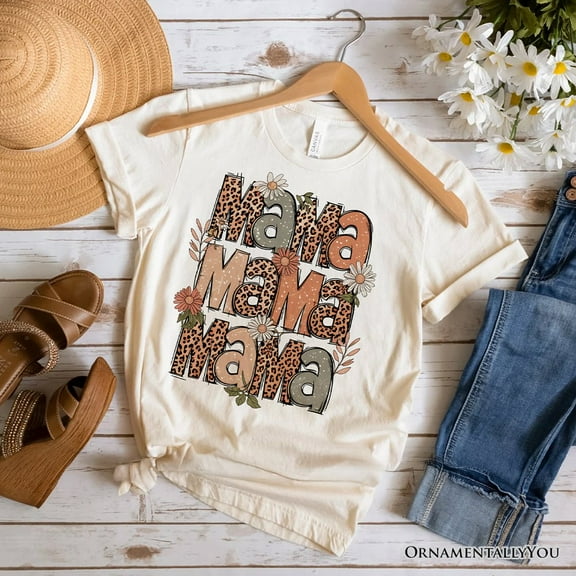 Leopard Mama Floral Retro T-Shirt, White and Natural Trendy Women's Tee with Wildflower Accents