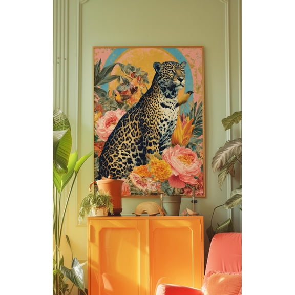 Leopard Maximalist Retro Floral Animal Wall Art, Unframed Paper Poster 8x10in