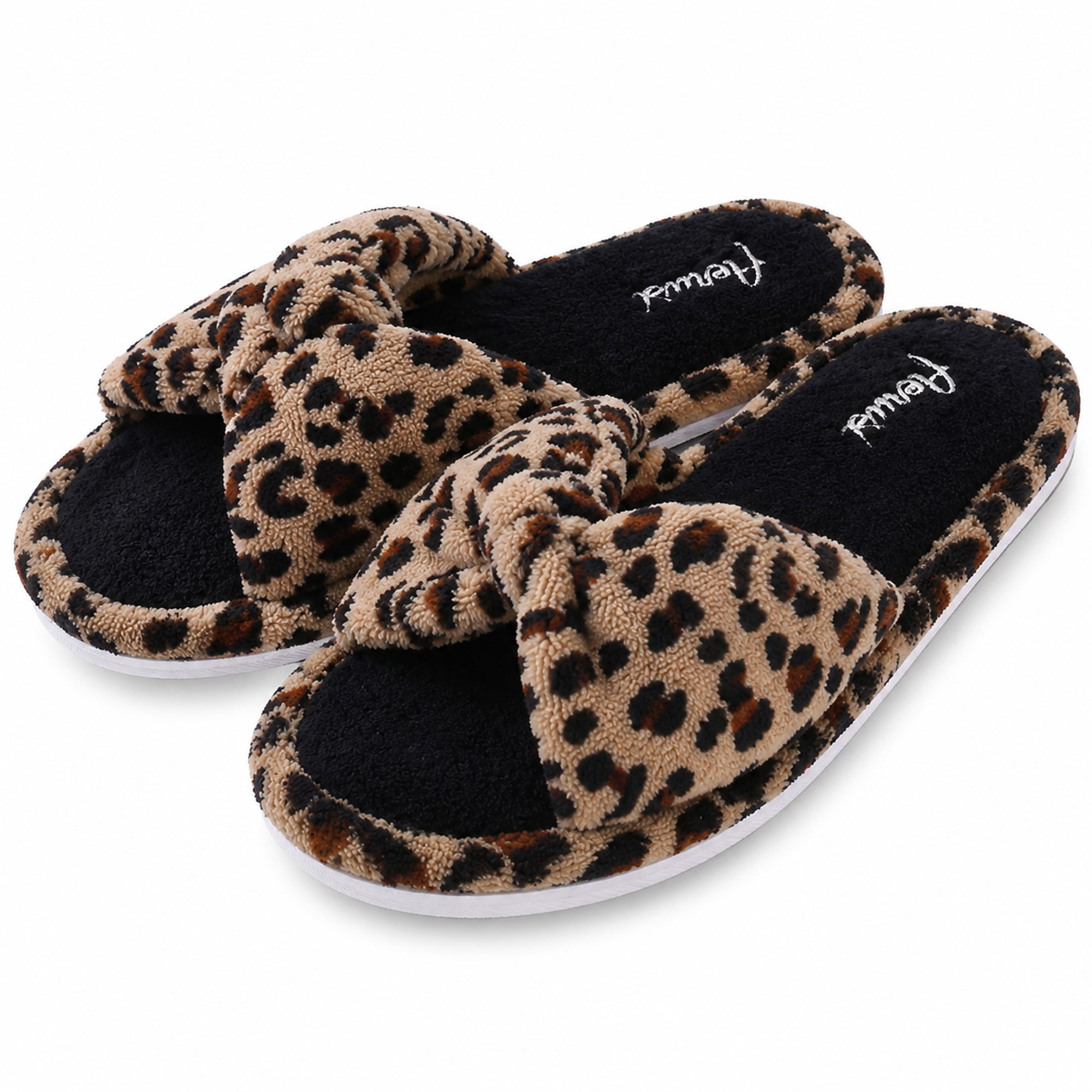 Women’s Leopard Memory Foam Slippers, Cozy Knit Open Toe Slide House Shoes with Anti-Slip Sole, Indoor Outdoor Comfort Slippers