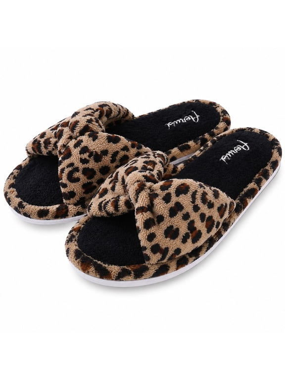 Women’s Leopard Memory Foam Slippers, Cozy Open Toe Slide House Shoes with Anti-Slip Sole, Indoor Outdoor Comfort Slippers