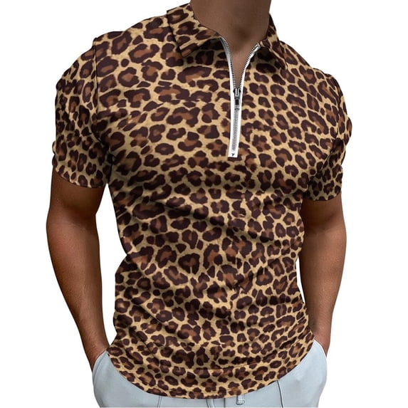 Leopard Men Zipper T-shirt Summer Casual Short Sleeve T-shirt Top