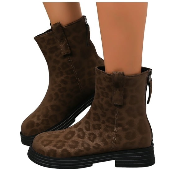 Leopard Mid Calf Boots for Women With Back Zipper Fashion Casual Platform Chunky Low Heel Short Ankle Booties