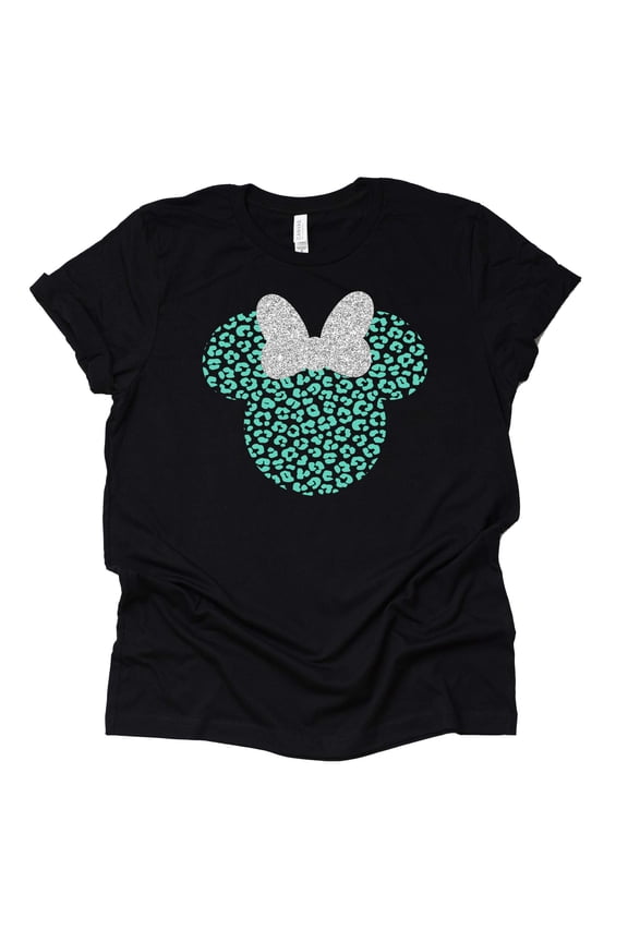 Leopard Minnie Shirt, Glitter Bow Cheetah Minnie Shirt, Animal Kingdom Shirt, Safari Shirt Casual Short Sleeve Shirt (Black Mint, Small)