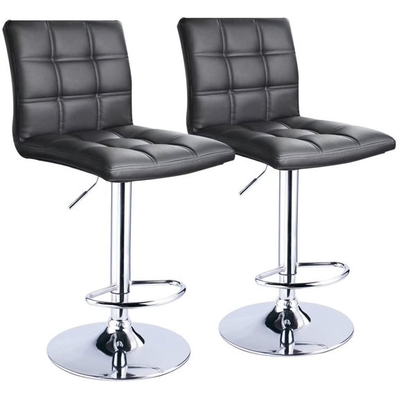 Leopard Modern Square PU Leather Adjustable with Back, Square Back Set of 2, Bar Height Swivel Barstools for Kitchen Counter (Black)