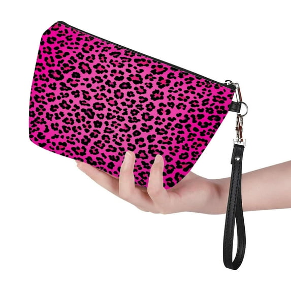 Leopard Neon Pink Leather Makeup Bag Small Travel Cosmetic Bag For Women,Cosmetic Organizer Makeup Pouch For Purse, One Size