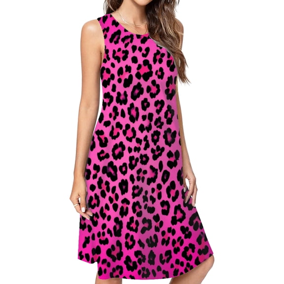 Leopard Neon Pink Spring Summer Dresses For Women Fashion Dress Casual Sleeveless Loose Sundress With Pockets