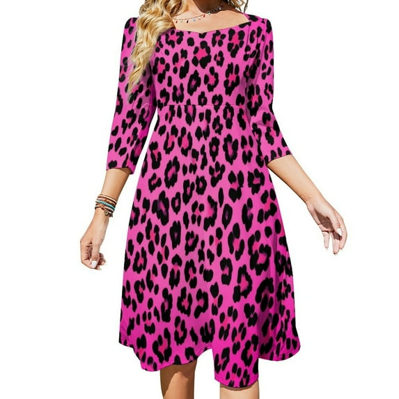 Leopard Neon Pink Sweetheart Knot Flared Dress Fashion Design Large Size Loose Dress Spring Summer Women Dress