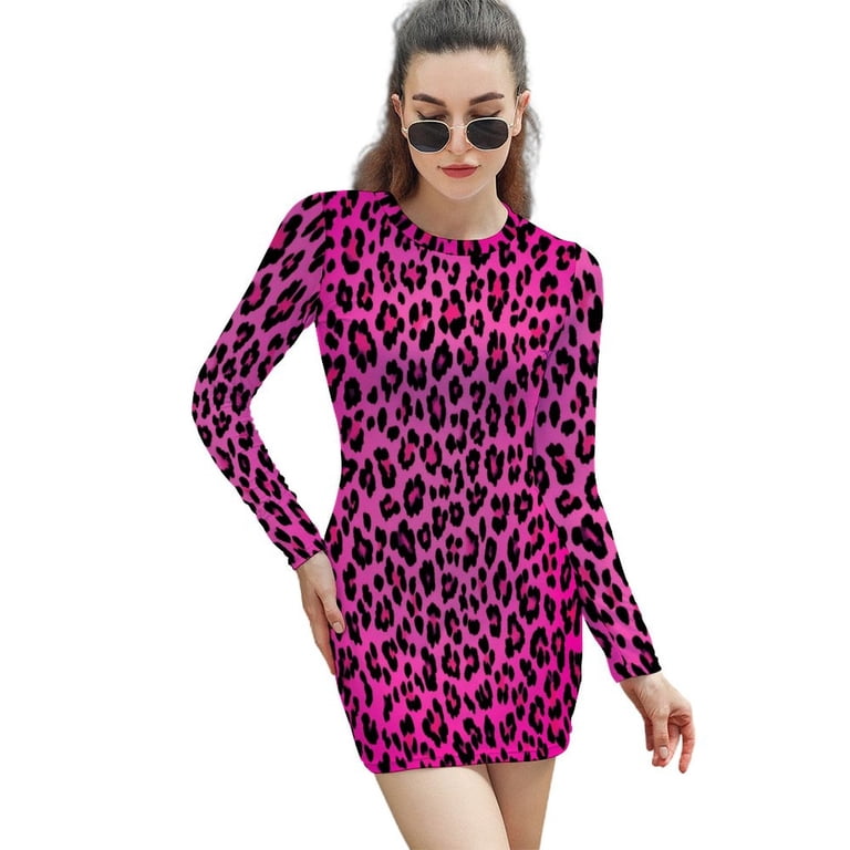 Leopard Neon Pink Women's Long Sleeve Bodycon Dress Soft Stretchy For  Everyday Wear And Special Occasions - Walmart.com