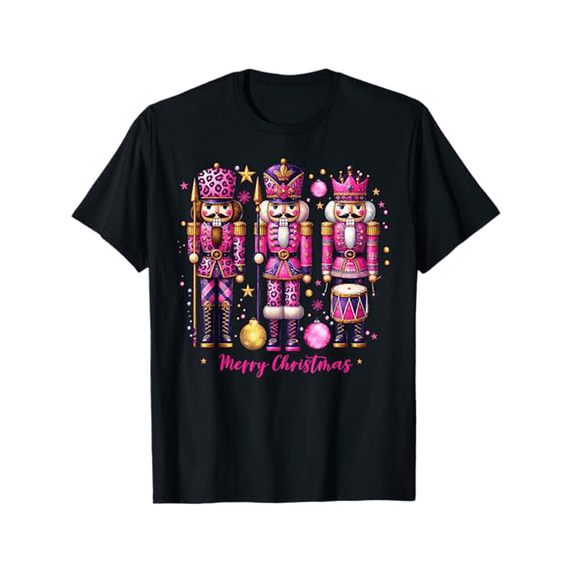 Leopard Nutcracker Pink Christmas 2024 Xmas Pajamas Matching Men Women T-Shirt, Suitable for Christmas activities, 100% Cotton, S - XXXL, Black
