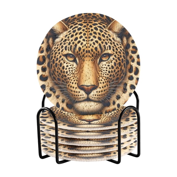 Leopard Of Face 6 Pcs Drink Coasters with Holder Absorbent Coasters Woven Coasters for Drinks Table Desk Protection Home Decor