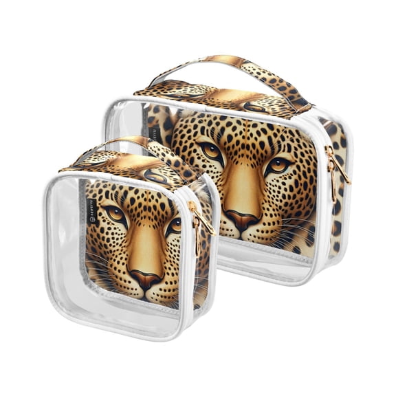 Leopard Of Face Clear Cosmetic Bags with Handles PVC Toiletry Bags Zipper Waterproof Portable for Traveling 2 Pcs