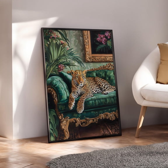 Leopard On Emerald Sofa Art Vintage Maximalist Decor Unframed Paper Print