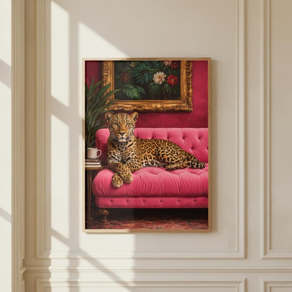 Leopard On Pink Sofa Poster, Glamorous Animal Wall Art