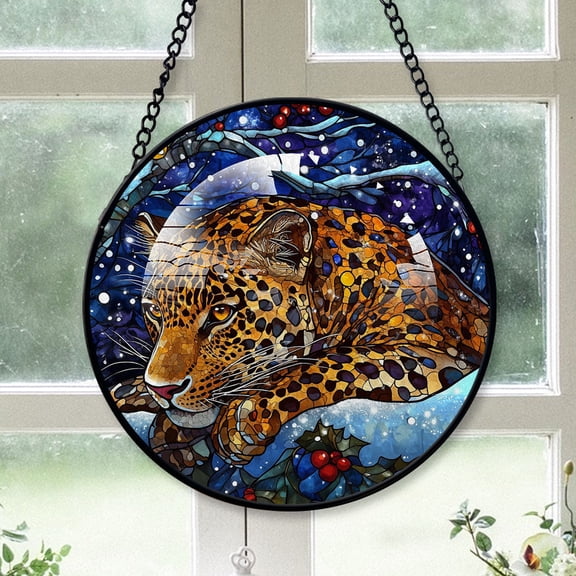 Leopard Ornament Christmas 2025, Leopard Stained Glass Hanging Window Artistic Glass Decoration for Cozy Interiors