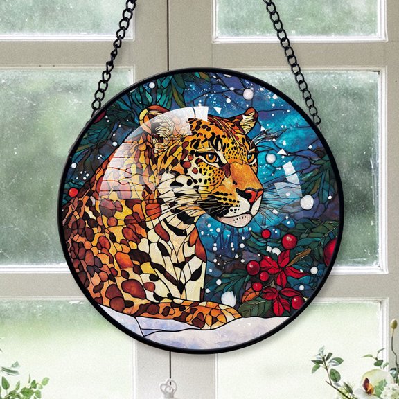 Leopard Ornament Christmas 2025, LeopardStained Glass Window Hanging Vibrant Handcrafted Decoration for Wildlife Enthusiasts
