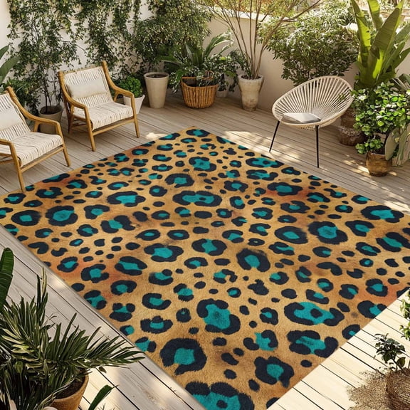 Leopard Outdoor Rug 4x6 ft Brown Leopard Print Accented with Bright Blue Patches Non Slip Patio Rug Washable Absorbent Large Outdoor Carpet Outside Mat for Porch RV Garden Camping