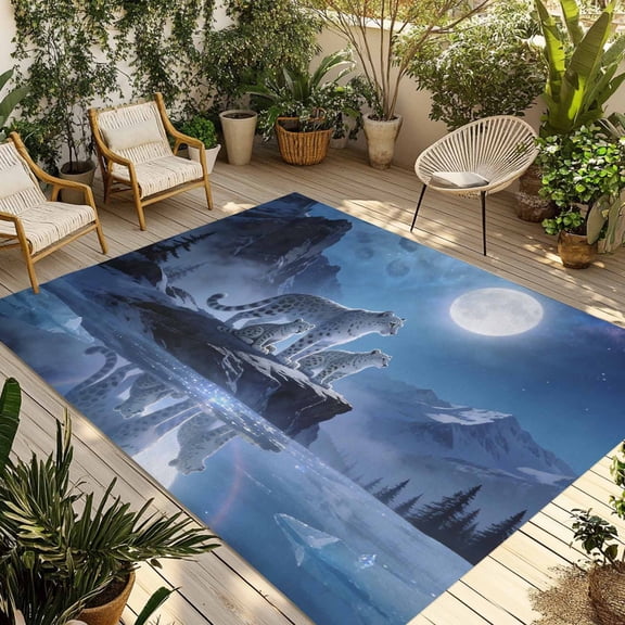 Leopard Outdoor Rug 5x7 ft Watercolor Leopard Fantasy Moon Mountain Tree Natural Scenery Non Slip Patio Rug Washable Absorbent Large Outdoor Carpet Outside Mat for Porch RV Garden Camping