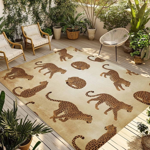 Leopard Outdoor Rug for Patio/Deck/Porch, Non-Slip Large Area Rug 3 x 5 Ft, Vintage Primitive Animals Indoor Outdoor Rugs Washable Area Rugs, Reversible Camping Rug Carpet Runner