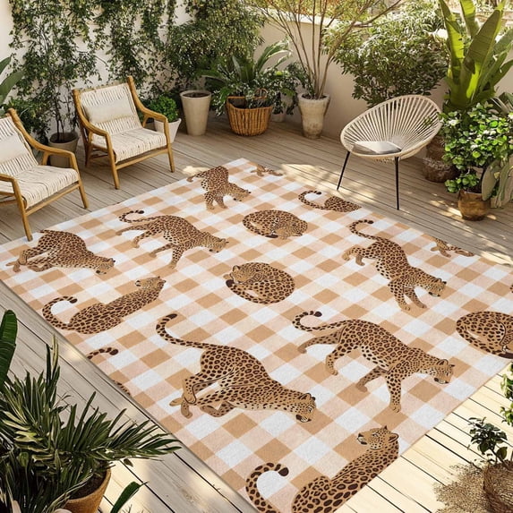 Leopard Outdoor Rug for Patio/Deck/Porch, Non-Slip Large Area Rug 5 x 7 Ft, Vintage Primitive Animals Orange Plaid Indoor Outdoor Rugs Washable Area Rugs, Reversible Camping Rug Carpet Runner