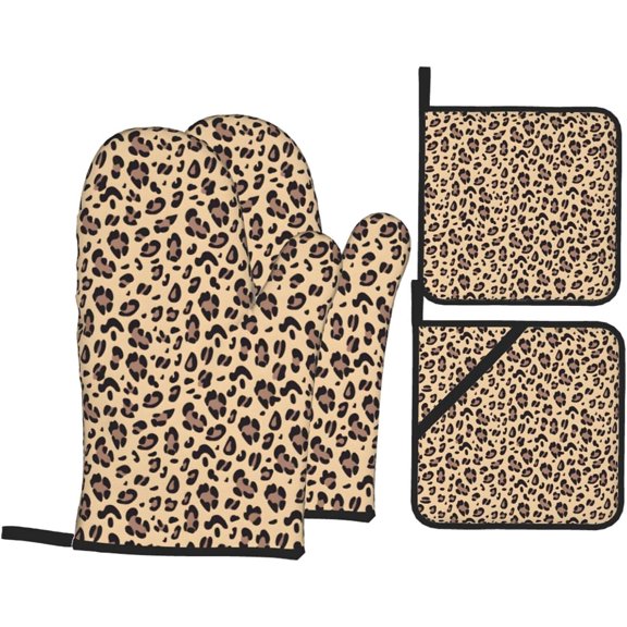 Leopard Oven Mitts and Pot Holders 4 Pcs Sets for Kitchen, Cooking Gloves Heat Resistant Oven Mitt Gloves Non Slip Potholders BBQ Gloves for Baking, Grilling
