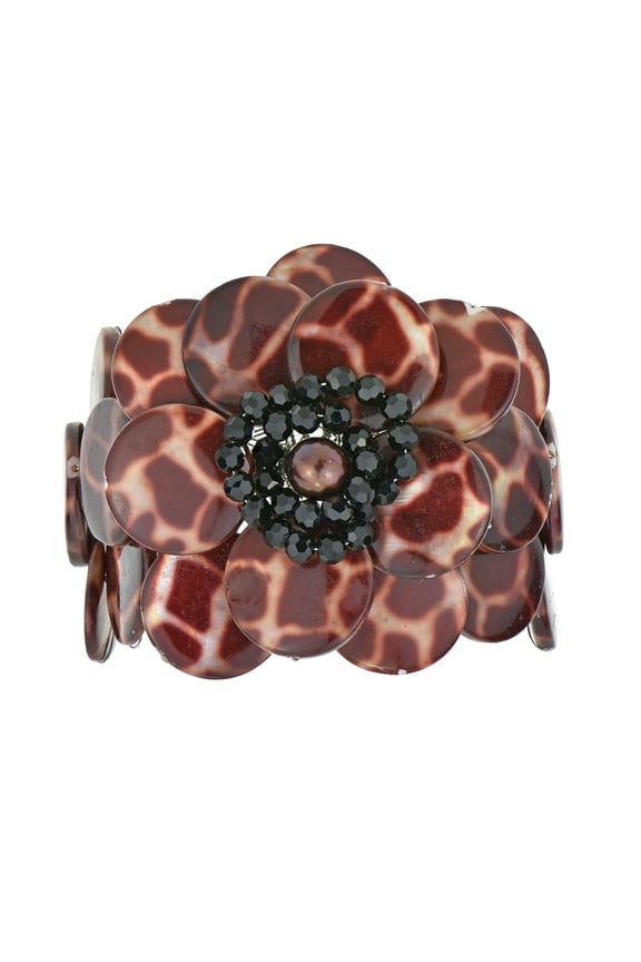 Leopard Painted MOP Shell Cluster Flower Cuff/Bracelet