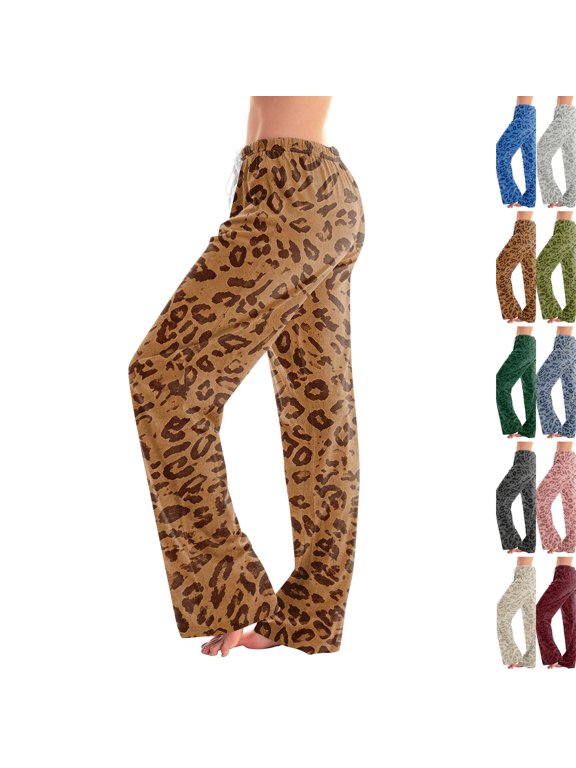 Leopard Pajama Pants Women Leopard Print Flannel Elastic Waist Baggy Lounge Pants Warm Plush, Cozy Touch, Elastic Waist, Roomy Legs, Winter, Home, Sleep, Lounging Wear Brown M