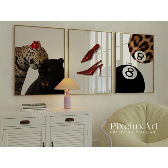 Leopard Panther Set Wall Art Print With Red Heels Eight Ball Fashion Decor
