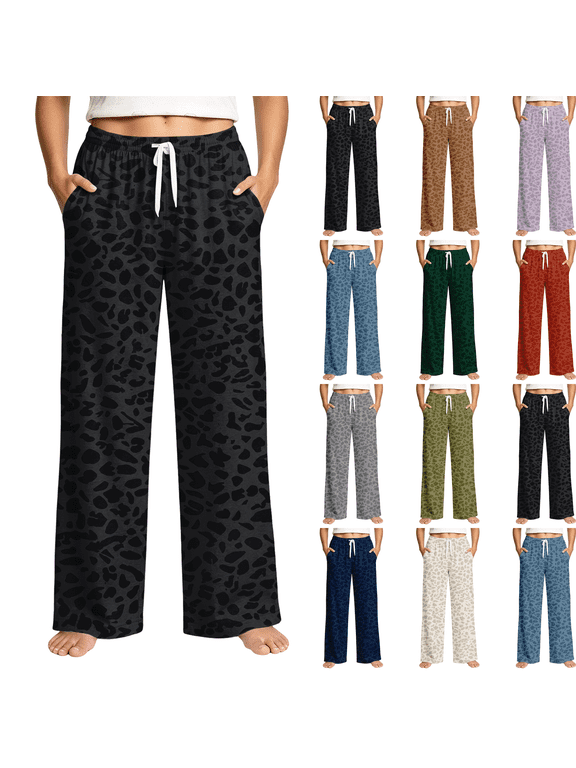Leopard Pants Women Joggers Sweatpants Casual Leopard Print Lounge Barrel Pants Trousers with Pockets Black L