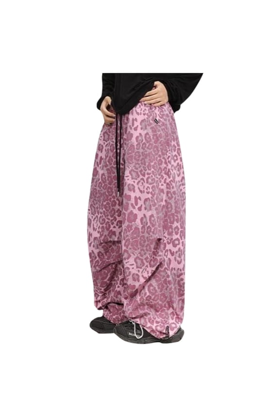 Leopard Pants Women Retro Streetwear Leopard Print Wide Leg Workwear Parachute Pant Wide Leg Jeans Woman Pink L