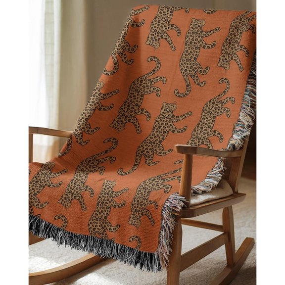 Leopard Parade Rust Orange Jungle Cat Cheetah Woven Throw Blanket, 100% Cotton, Fringed Edges
