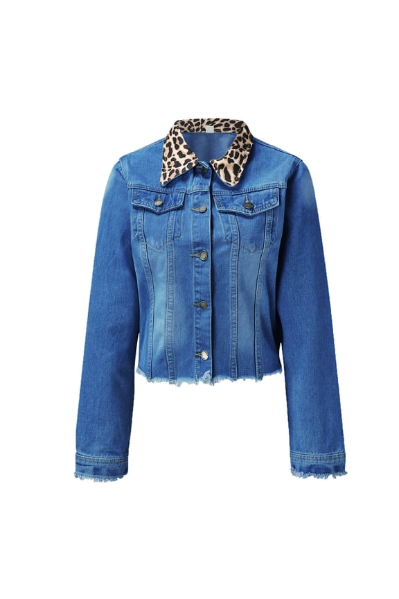Leopard Patchwork Lapel Women Denim Jacket Frayed Denim Long Sleeve Button Down Cropped Jeans Coat With Pocket