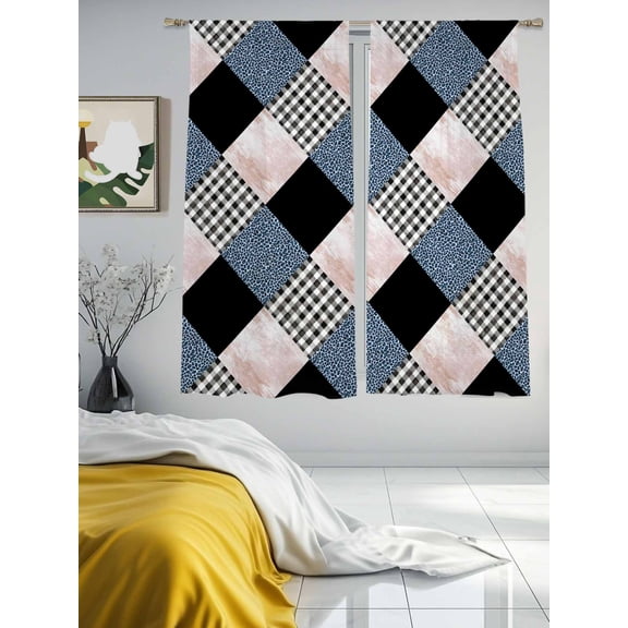 Leopard Patchwork Quilt Buffalo Plaid Chiffon Sheer Curtains 63 Inches Long Geometric Squares Rod Pocket Window Curtains Voile Drapes Curtains for Living Room Bedroom,2 Panels