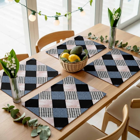 Leopard Patchwork Quilt Buffalo Plaid Placemats Set of 4,Wipeable Washable Table Mats for Dining Tables, Geometric Squares Place Mats for Kitchen Event Party Tabletop Decor