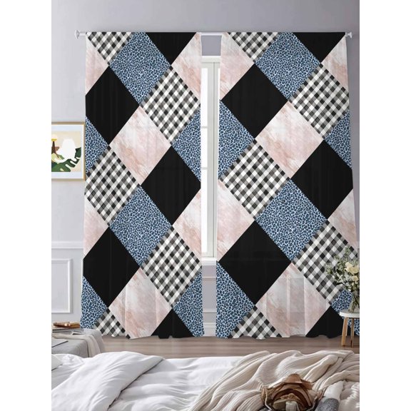 Leopard Patchwork Quilt Buffalo Plaid Sheer Curtains 2 Panels Set Geometric Squares Lihgt Filtering Rod Pocket Voile Drape,Semi Sheer Window Curtains for Bedroom Living Room,52"x84"