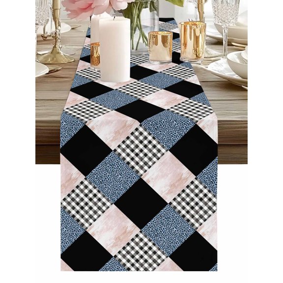 Leopard Patchwork Quilt Buffalo Plaid Table Runner-36 Inch Long Geometric Squares Table Runners Linen Burlap Tablerunner for Kitchen Dining Room Holiday Party