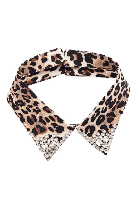 Leopard Pattern Detachable Faux Collar with Rhinestones Decors Neck Accessories