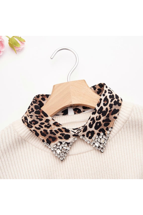 Leopard Pattern Detachable Faux Collar with Rhinestones Decors Neck Accessory For Women Teens Everyday Outfit Enhancer Style 2