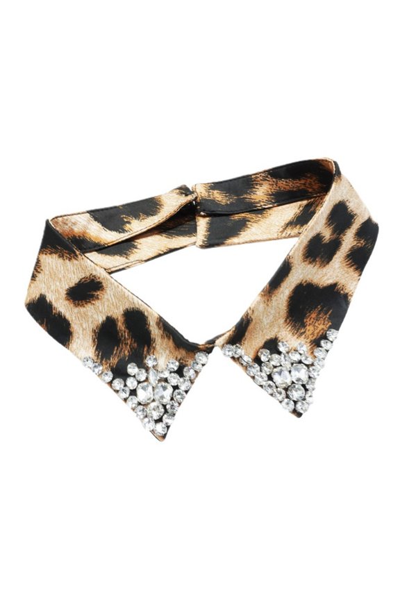 Leopard Pattern Detachable Faux Collar with Rhinestones Decors Neck Accessory For Women Teens Everyday Outfit Enhancer