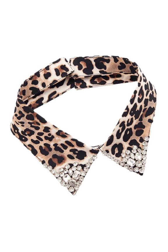 Leopard Pattern Detachable Faux Collar with Rhinestones Decors Neck Accessory For Women Teens Everyday Outfit Enhancer